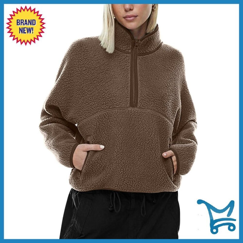 Half Zip Sherpa Fleece Pullover Cropped Sweatshirt with Pockets